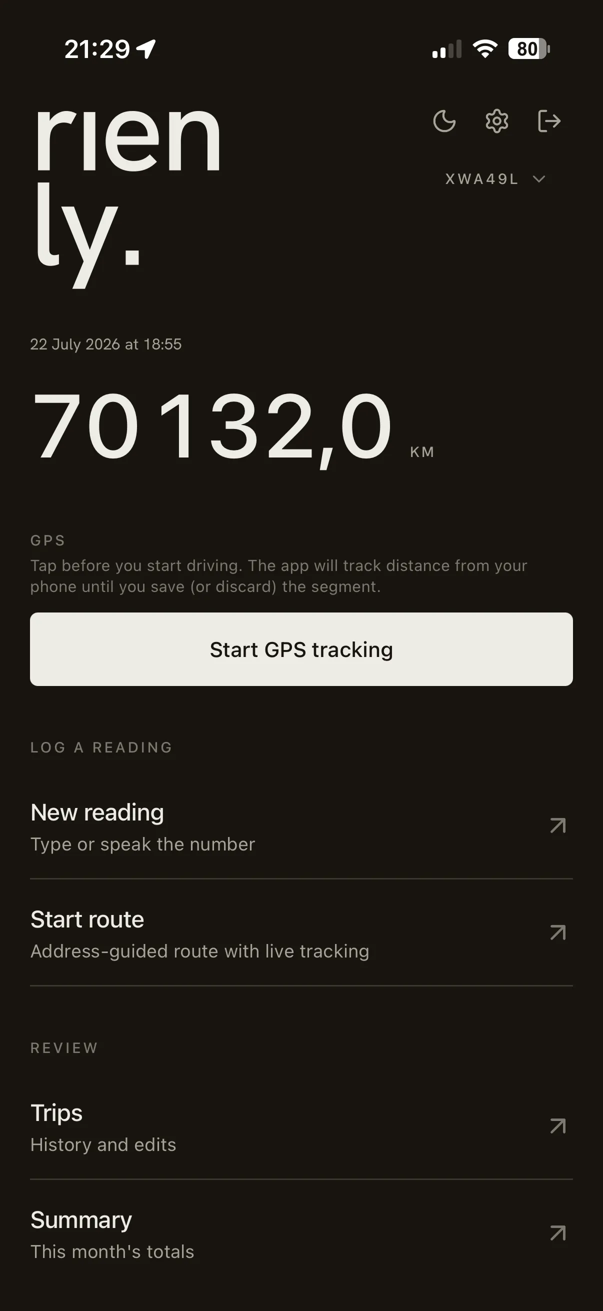 Rienly home screen — the last odometer reading in editorial tabular type