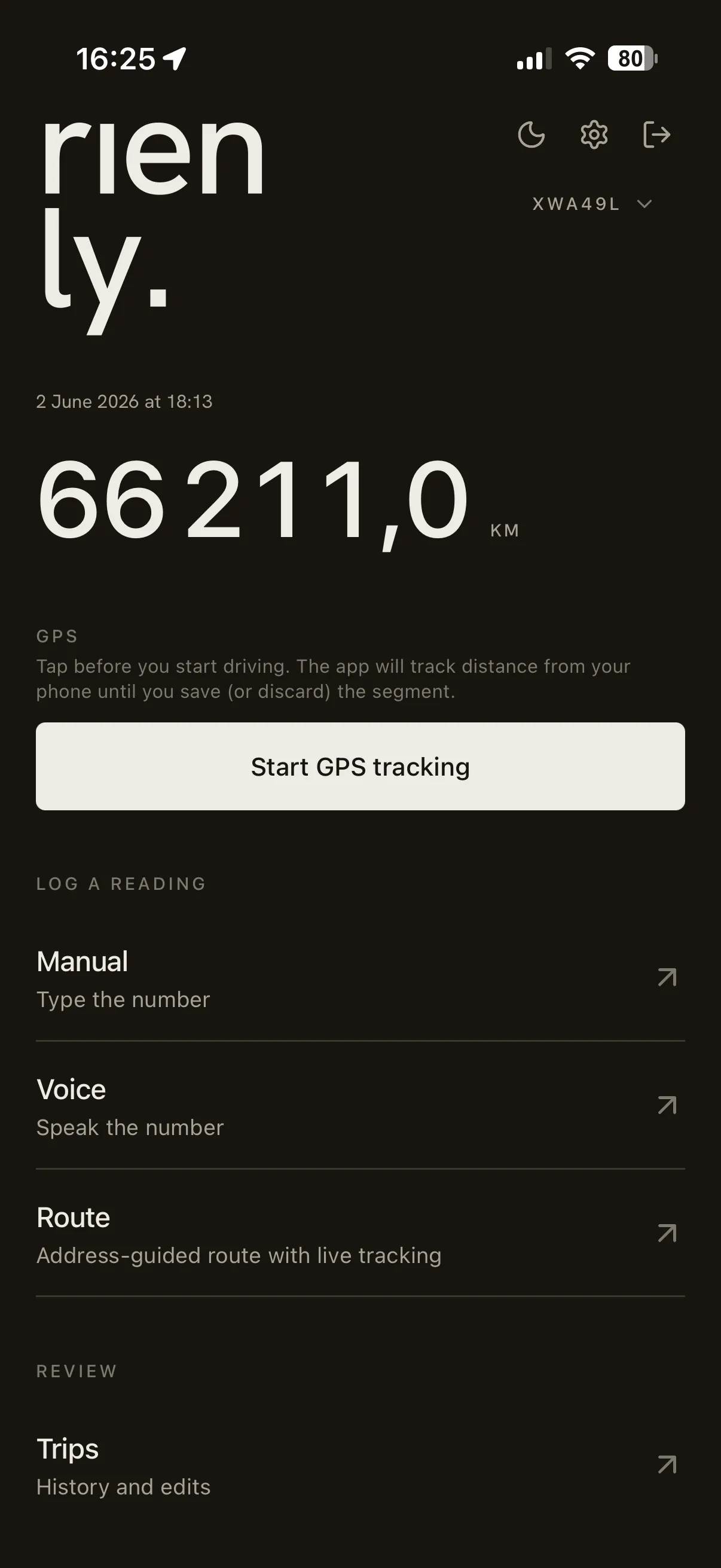 Rienly home screen — the last odometer reading in editorial tabular type