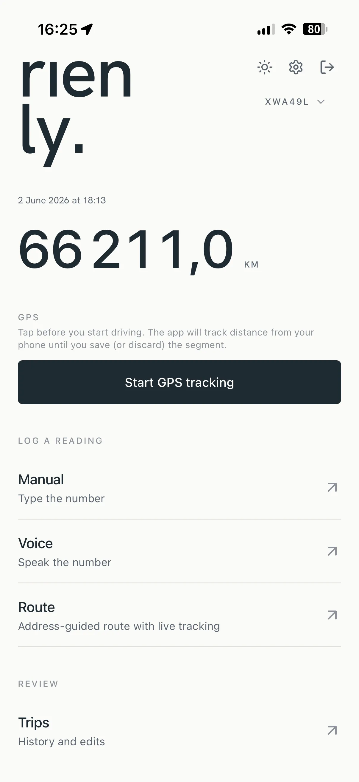 Rienly home screen — the last odometer reading in editorial tabular type