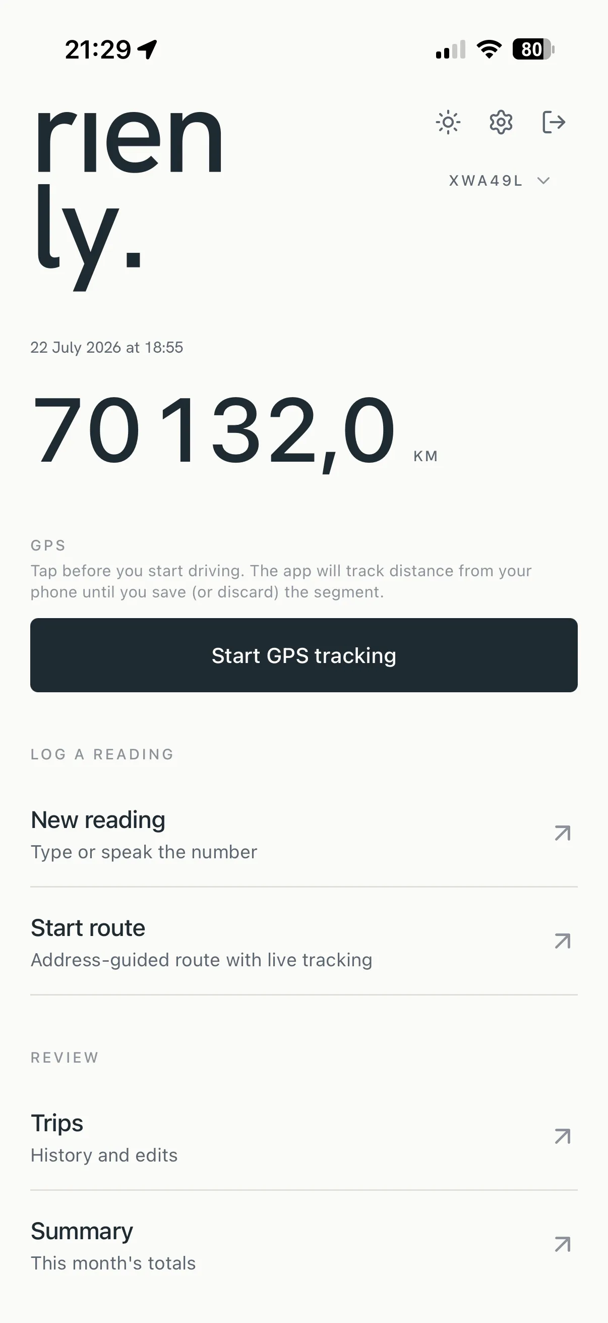 Rienly home screen — the last odometer reading in editorial tabular type