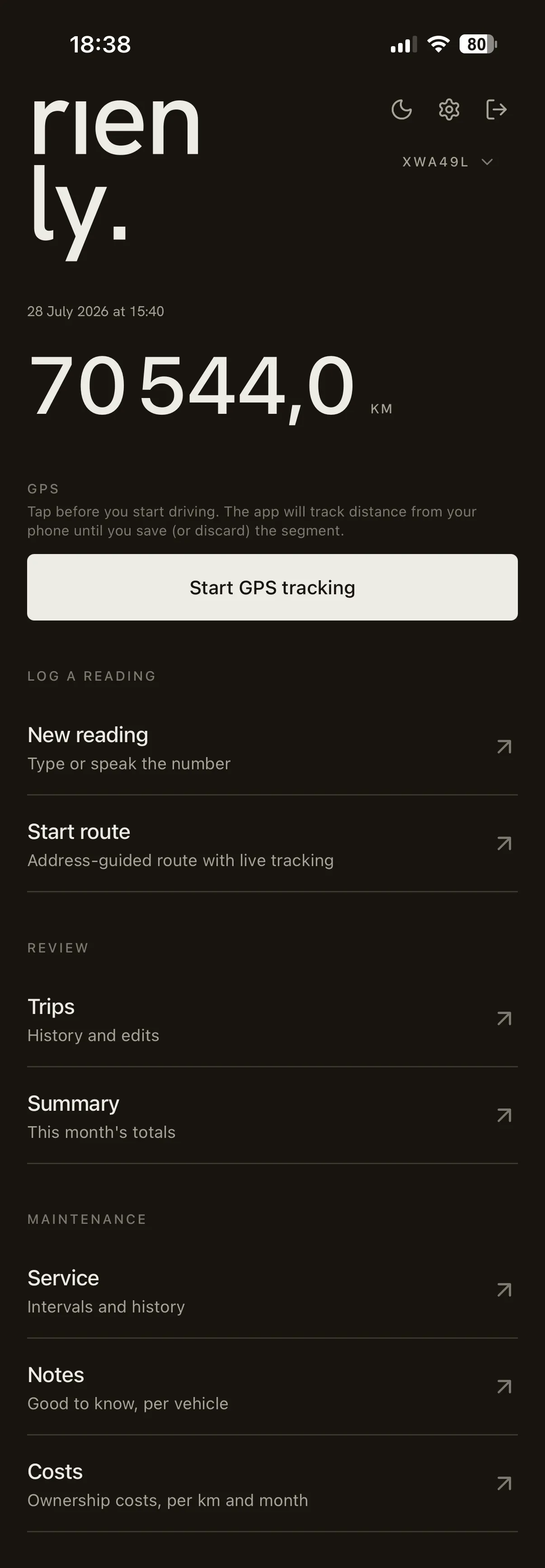 Rienly home screen — panning down to the Maintenance section