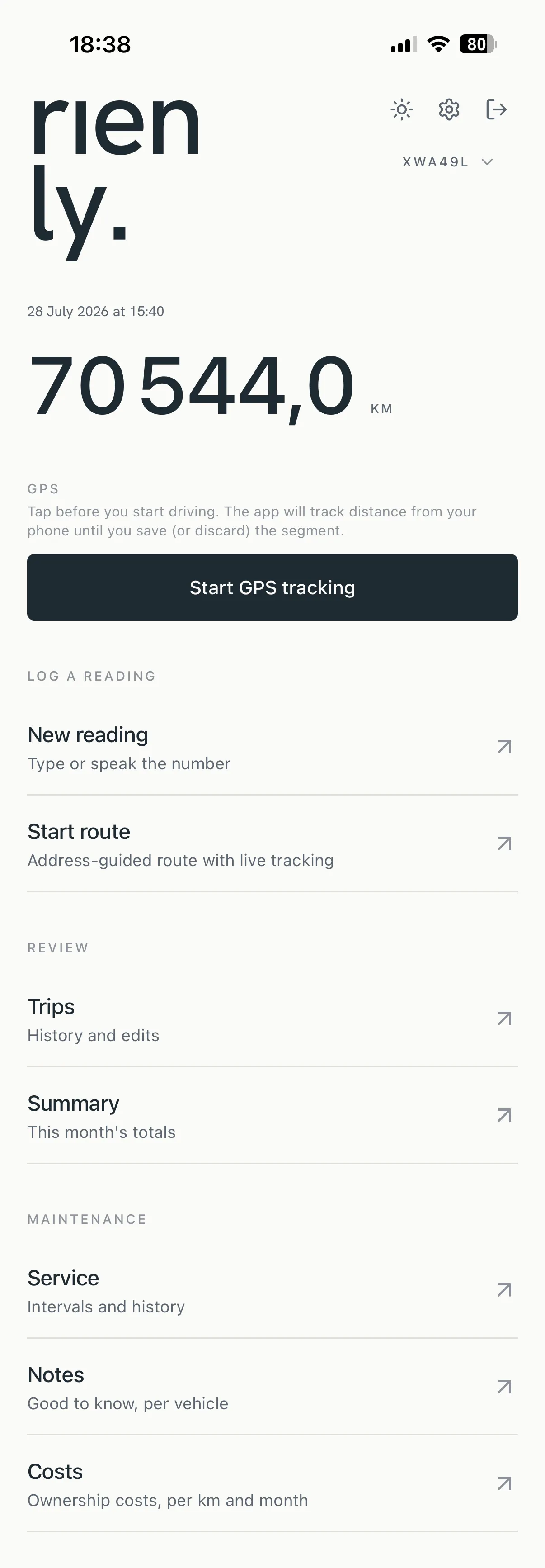 Rienly home screen — panning down to the Maintenance section