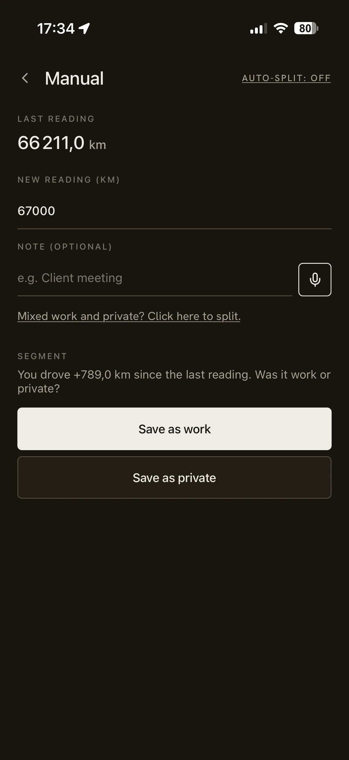 Rienly manual odometer entry screen
