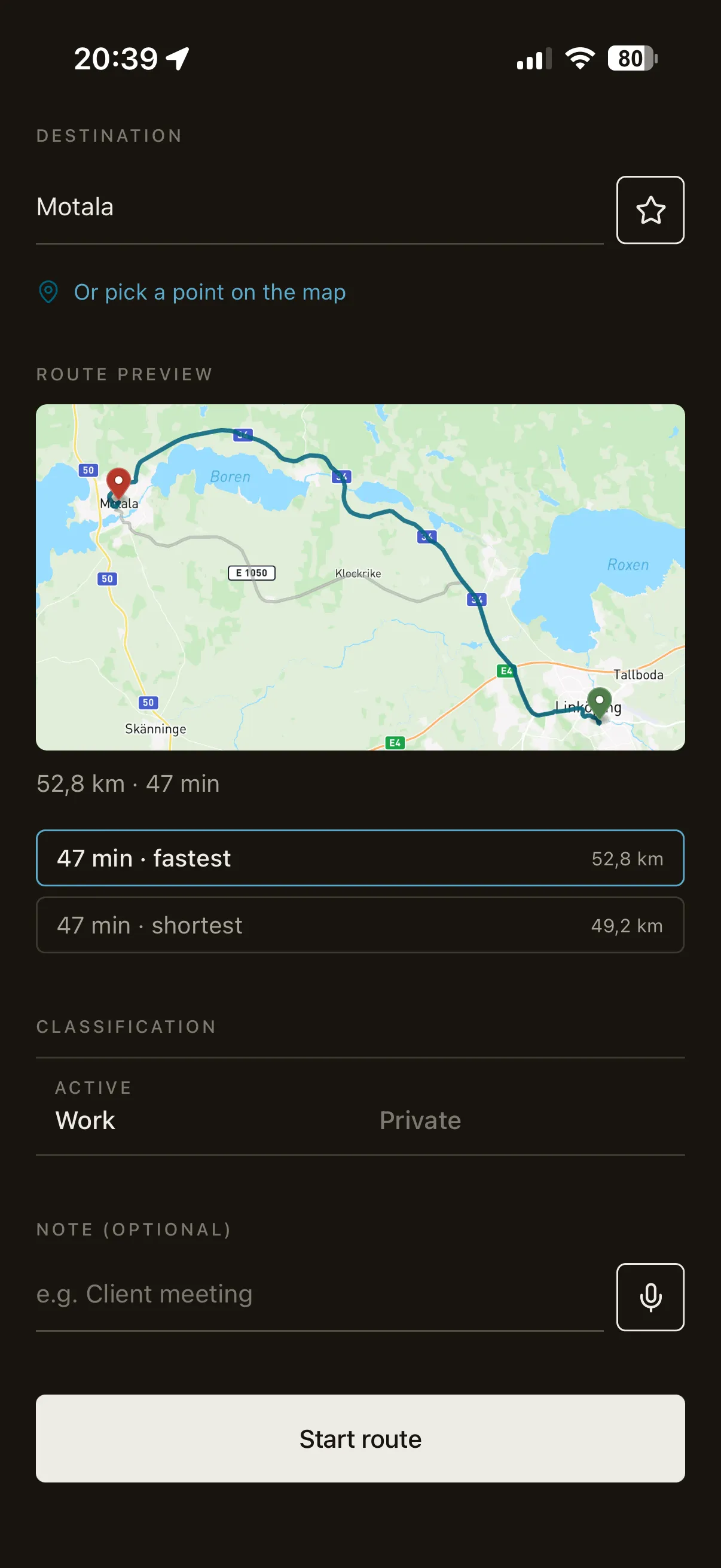 Rienly route tracking screen