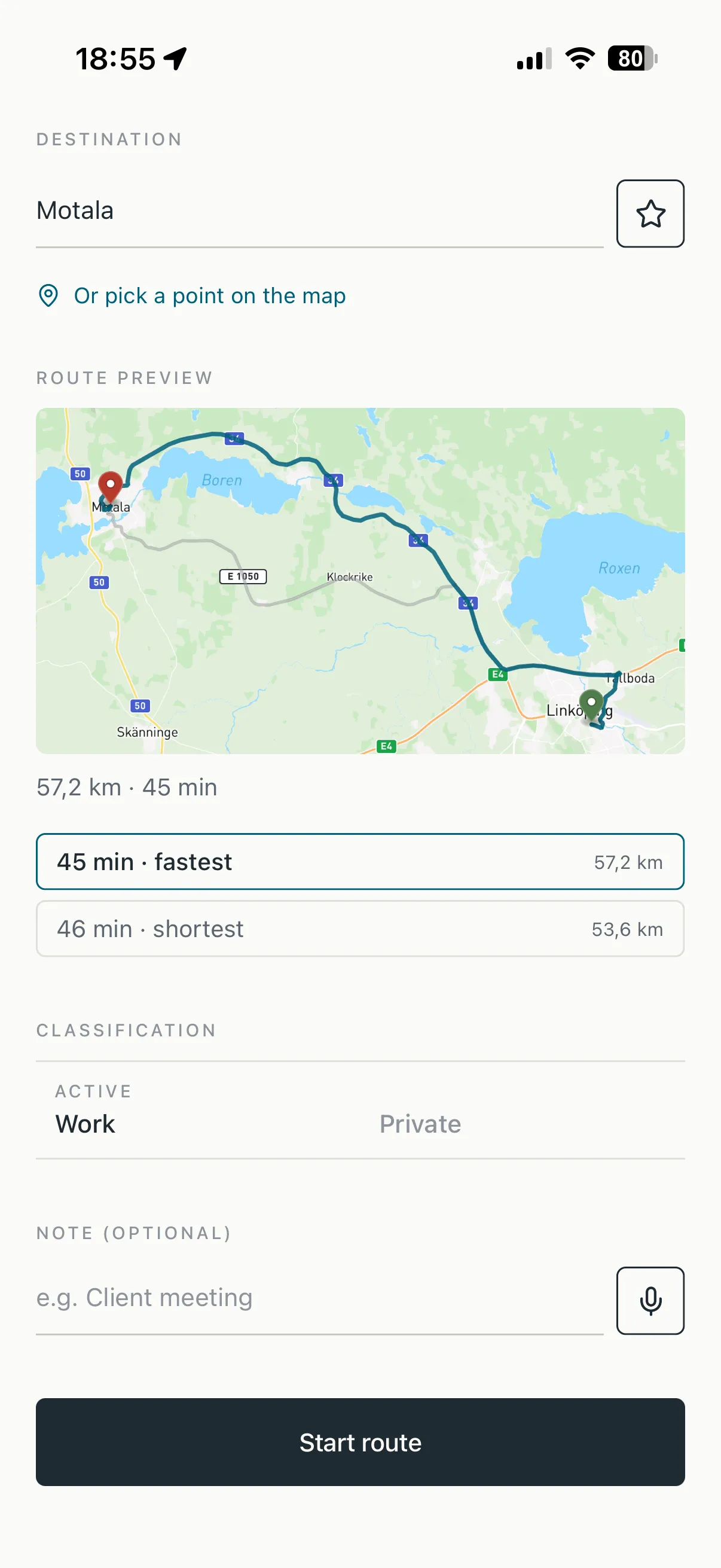 Rienly route tracking screen