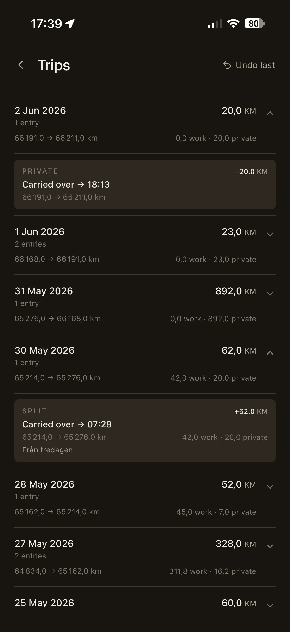 Rienly trips log — every drive grouped by day